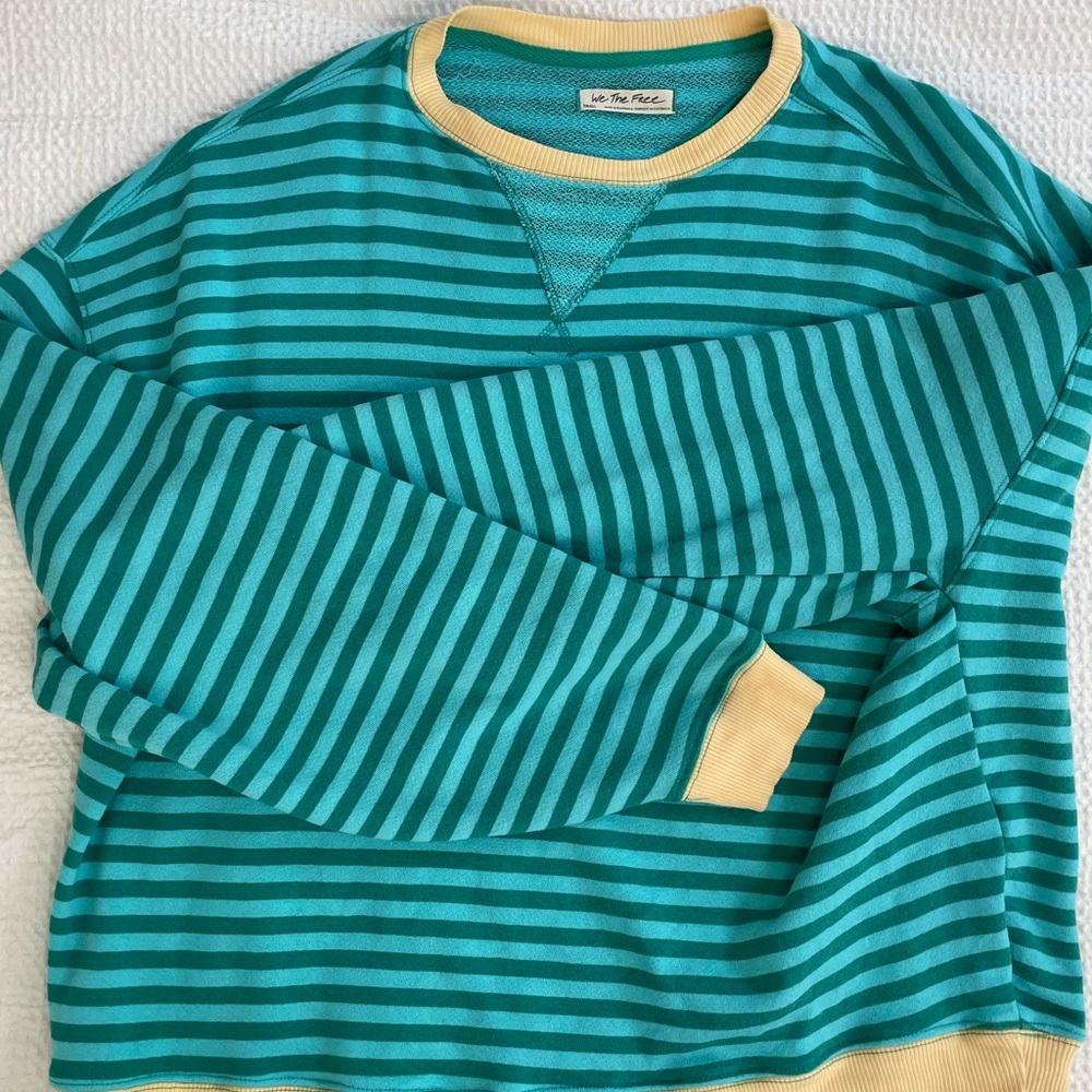 Free People Striped Camden Sweatshirt in blue and yellow. - Picture 4 of 6